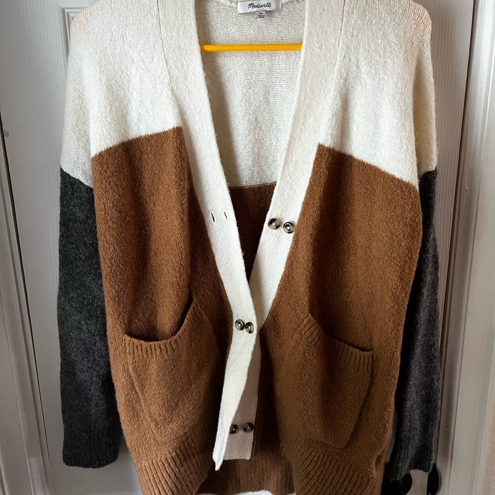 Madewell Brown and White Cardigan Sweater V-Neck Knit